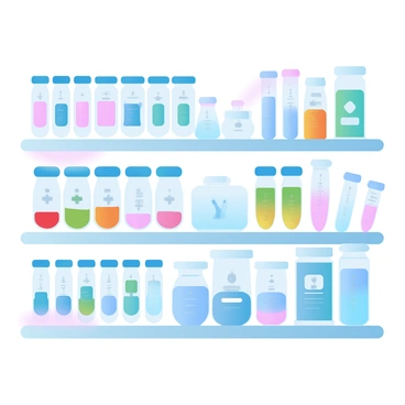 An array of lab test kits in vibrant colors is neatly organized on a shelf. Each kit is labeled with its specific function, featuring bright hues such as red, blue, green, and yellow. The shelf has multiple tiers, showcasing a variety of test kits, including vials and tubes in differing sizes. Some kits are arranged in rows, while others are stacked, creating a visually appealing display. Soft gradient pastel colors fill the background, enhancing the focus on the organized test kits.