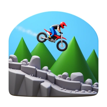A dirt biker wearing a bright red helmet and a black and blue motocross outfit is performing a daring stunt. The biker is airborne, showcasing a mid-air trick, with the bike tilted sideways. Below, a rocky mountain pass is visible, with jagged boulders and scattered pebbles in the terrain. In the background, towering green hills rise against a clear blue sky, adding depth to the scene. Dust is kicked up from the tires as the biker soars through the air, capturing the excitement of the moment.