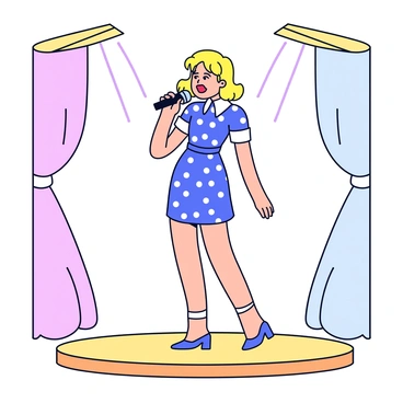A pinup girl with bright red lips and styled blonde hair is singing into a retro microphone. She is wearing a polka dot dress with a cinched waist, and her high heels are slightly tilted on the small stage. The stage has a simple wooden surface, and there are soft spotlight beams illuminating her figure. In the background, there are subtle hints of colorful curtains framing the stage, emphasizing the performance atmosphere.