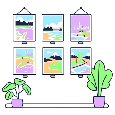 A gallery wall is adorned with a collection of retro travel posters from the 1960s. Each poster features vibrant scenes of famous landmarks and destinations, with stylized illustrations depicting sunny beaches, mountain ranges, and iconic cities. The posters are framed in sleek, minimalistic frames that complement the overall aesthetic. Beneath each poster, small metal plaques provide the name of the location. The wall is well-lit, highlighting the colors and details in the posters. In the foreground, there are a few potted plants adding a touch of greenery to the space.