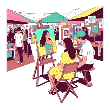 A portrait artist with a focused expression is sitting at a wooden easel in an outdoor art market. The artist is wearing a white shirt and has a teal beret perched on their head. In front of the easel, a vibrant canvas displays a half-finished portrait of a live subject, a woman with long flowing hair and a bright yellow dress. The woman is seated on a folding chair, looking towards the artist with a gentle smile. Surrounding them are colorful market stalls adorned with various artworks and handmade crafts. A few people are strolling past, admiring the art displayed in the market. The sun casts a warm glow over the scene, creating an inviting atmosphere.