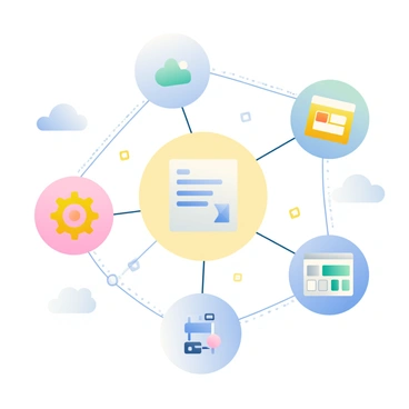 Digital connections linking various applications through APIs in the cloud