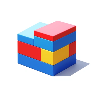 A three-dimensional structure made from colorful building blocks. One-third of the blocks are removed from the top, revealing the layered interior and demonstrating a fraction. The blocks are arranged in a neat geometric pattern, showcasing various colors like red, blue, and yellow. Shadows from the removed blocks cast onto the surface below, enhancing the visual depth of the image.