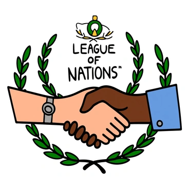 A close-up of two hands engaged in a handshake, symbolizing peace and cooperation. One hand is light-skinned, wearing a silver watch, and the other is dark-skinned. In the background, there is a representation of the "League of Nations" emblem prominently displayed. The backdrop features a circular design with olive branches, conveying a sense of unity and harmony. The scene captures the moment of goodwill between the two individuals.