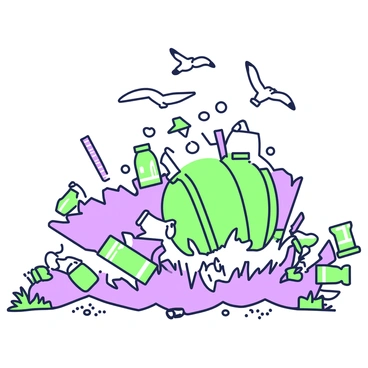 An ocean wave is crashing forward, formed entirely from swirling plastic bottles and wrappers. The wave has a dynamic shape, with some bottles standing upright and others floating horizontally, creating a sense of movement. Various types of plastic packaging are interspersed throughout the wave, each contributing to its texture. The background features a shoreline with a few scattered pebbles and seaweed, while seagulls are flying in the sky above. The overall scene portrays the impact of pollution on the ocean environment.