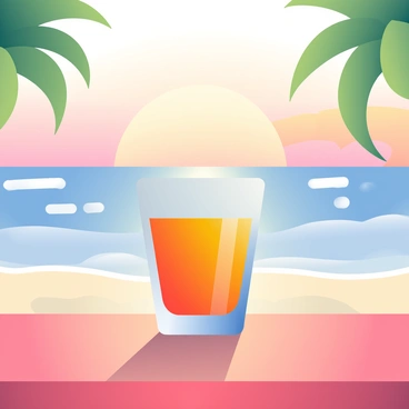 A clear shot glass filled with vibrant orange juice is placed on a wooden table. The table has a smooth finish and reflects the warm glow of the setting sun. In the background, a beach scene unfolds with soft, rolling waves gently lapping at the shore. The sky is a blend of orange, pink, and purple hues as the sun sinks toward the horizon. Soft silhouettes of palm trees can be seen on either side of the scene, framing the picturesque view. The warm light casts delicate shadows onto the table's surface.