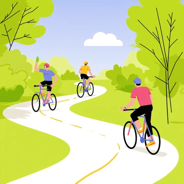 A vibrant scene depicting cyclists riding along a winding bike trail. The trail is surrounded by lush greenery typical of Austin, with various trees and bushes framing the path. Sunlight filters through the leaves, casting dappled shadows on the ground. The cyclists are wearing colorful helmets and jerseys, showcasing a mix of enthusiasm and determination as they navigate the trail. In the background, a bright blue sky is visible, with a few fluffy white clouds, adding to the lively atmosphere of the outdoor adventure.