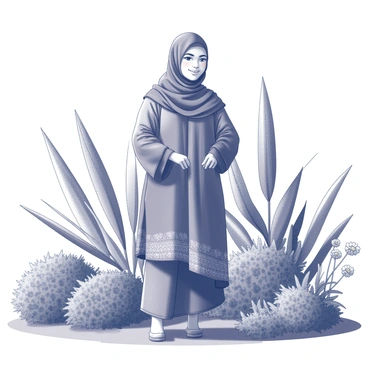 A girl wearing a hijab stands confidently among various plants and trees, highlighting her eco-friendly fashion. Her outfit features flowing fabrics made from sustainable materials, with intricate patterns and textures that complement her natural surroundings. She has a gentle smile, and her gaze is directed towards the vibrant greenery around her. Sunlight filters through the leaves, casting dappled shadows on the ground. In the background, there are lush bushes and wildflowers, creating a harmonious connection between her attire and the environment.