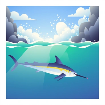 A tumultuous surf is crashing against rocky cliffs, with foamy white waves splashing upward. Through the translucent blue and green water, a marlin with a sleek, elongated body and a pointed bill is visible swimming gracefully beneath the surface. The sunlight filters through the water, creating a shimmering effect on the marlin's scales. The sky above is a vibrant azure with scattered white clouds.