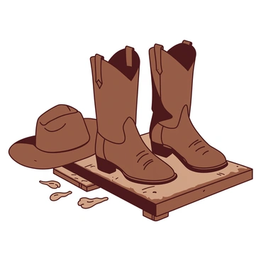 A pair of brown vintage cowboy boots is positioned on a wooden surface, showcasing their worn leather texture and scuffed edges. The boots feature intricate stitching and subtle creases, suggesting a long history of use. Nearby, there is a faded leather hat resting on the surface, adding to the nostalgic feel. The background includes hints of dusty trails and open landscapes, emphasizing the boots’ rugged charm and adventurous past.