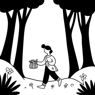 A young Indian girl dressed in traditional attire, featuring a colorful lehenga and a dupatta draped gracefully over her shoulder, walking along a narrow path in a dense forest. Tall trees with intricate branches create a natural canopy above her. She is carrying a small woven basket in one hand, filled with flowers. Sunlight filters through the leaves, casting delicate shadows on the forest floor, which is scattered with fallen leaves and wildflowers.