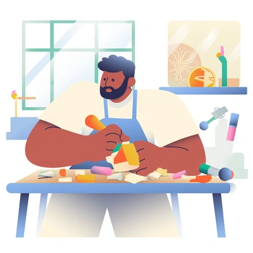 A craftsman with dark skin and a beard is skillfully carving wood in his workshop. He is focused on a wooden block, using a chisel and mallet to shape it into part of a dholak. The workshop is filled with various tools, including saws and hammers, and there are pieces of wood scattered around. In the background, completed dholaks of different sizes are displayed, showcasing intricate designs. The craftsman is wearing a simple, light-colored shirt and an apron, with a wooden workbench cluttered with carving tools in front of him. Sunlight streams in through a window, illuminating the scene.