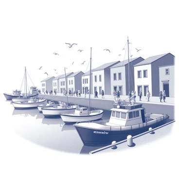 A busy port scene in Marseille filled with activity. Several boats are docked along the quay, showcasing various shapes and sizes. The fishermen are actively working, some are unloading their catches while others are mending nets. The scene captures the hustle and bustle of daily life at the port, with people interacting and engaging in their tasks. The architecture of the surrounding buildings reflects the local style, featuring windows and balconies overlooking the water. Several seagulls can be seen flying above, adding to the lively atmosphere of the port.