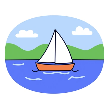 A small sailing boat gliding across a calm, shimmering lake