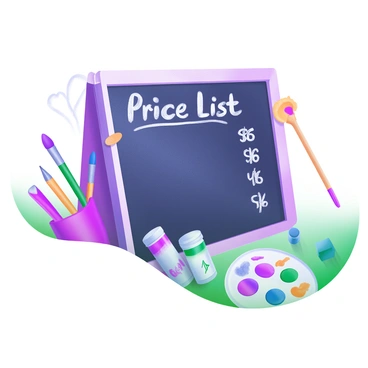 A modern pastel illustration featuring a hand-drawn price list displayed on a chalkboard. The prices are written in white chalk, and various art supplies are scattered around the chalkboard. These supplies include vibrant colored pencils, brushes with colorful bristles, tubes of paint, and a palette with different paint colors. The arrangement creates a creative atmosphere filled with artistic tools that suggest an art studio space.