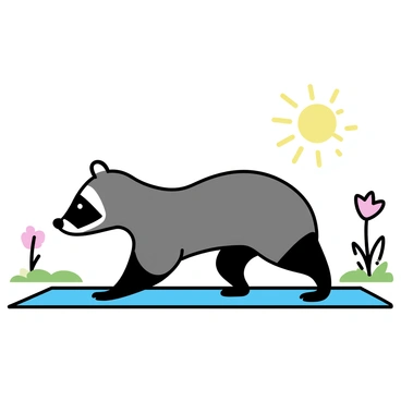 A blaireau, or badger, is positioned on a yoga mat in a peaceful garden setting. The badger's fur displays a mix of gray and black tones, and it is in the middle of performing a yoga pose, such as the downward dog. The morning sun casts a warm glow, illuminating the scene. Soft, green grass surrounds the yoga mat, and a few blooming flowers add color to the garden. The sky above is clear, with a hint of sunlight peeking through the trees, enhancing the tranquil atmosphere.