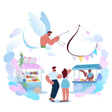 A cupidon with delicate wings is gliding above a lively marketplace filled with various stalls and shoppers. The cupidon is holding a quiver full of arrows and aiming one towards a couple standing close to a fruit vendor, who has an array of colorful fruits displayed. Surrounding the cupidon, vendors are showcasing their goods, including vibrant flowers and handcrafted items. Colorful banners and decorations hang above the stalls, adding to the festive atmosphere of the scene. The sunlight casts gentle shadows as people enjoy their day at the market.