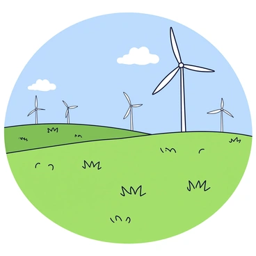 A vast meadow filled with lush green grass that stretches towards the horizon. In the background, several giant wind turbines stand tall, their blades spinning gracefully in the gentle breeze. The sky above is clear and bright blue, dotted with a few fluffy white clouds. The scene captures the harmonious coexistence of nature and technology.