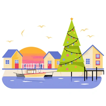 A coastal village with small cottages featuring wooden facades and colorful shutters. In the foreground, a tall Christmas tree adorned with multicolored lights and ornaments stands proudly on the pier. The water reflects the warm hues of the sunset, casting orange, pink, and purple shades across the surface. Silhouettes of seagulls can be seen flying in the sky, and a few fishing boats are docked at the pier. The overall scene captures the festive spirit of the village during the holiday season.