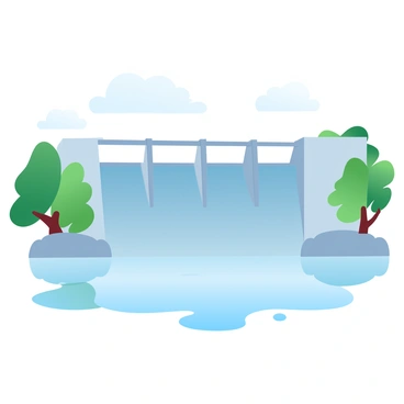 A dam stands tall against the backdrop of a clear sky, its sturdy structure reflecting perfectly in the calm waters of the reservoir below. The surface of the water is glassy, creating an exact mirror image of the dam. Surrounding the reservoir, lush green trees frame the scene, their leaves adding vibrant touches of color. The gentle ripples created by a soft breeze create subtle movements in the water, maintaining the serene atmosphere. The overall composition captures the harmony between the man-made structure and the natural environment.