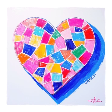 A mosaic is laid out on a flat surface, composed of colorful tiles in various shapes and sizes. The tiles create the distinct shape of a human heart, showcasing shades of red, pink, blue, green, and yellow. Each tile has a different texture, adding depth to the design. The background is a simple white surface that highlights the vibrant colors of the mosaic. The heart is centered in the image, and the meticulously arranged tiles create a sense of rhythm and movement within the overall composition.
