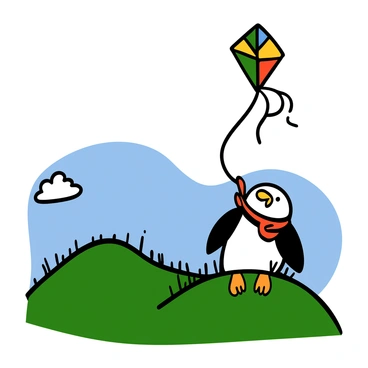 Feathers McGraw, a small penguin character with a beak and a red scarf, is flying a colorful kite shaped like a butterfly in the air. He is standing on a green hilltop with grass swaying in the wind. The kite has bright, vivid colors including red, blue, yellow, and green. In the background, there is a picturesque landscape featuring rolling hills, a clear blue sky, and a few fluffy white clouds scattered throughout. The scene conveys a sense of joy and adventure in an outdoor setting.