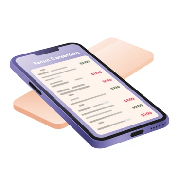 A digital flat illustration of a smartphone lying on a flat surface, with the screen prominently displaying a list of "Recent Transactions". The background of the phone's screen shows a light blue interface with white text for each transaction. There are various transaction items listed, featuring amounts in green and red, indicating deposits and expenses respectively. The phone itself is sleek and modern, with a black frame and rounded edges. The surface beneath the phone is a light wood texture, creating a contrast with the device. A small shadow from the phone enhances the three-dimensional effect.