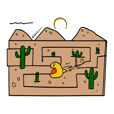 A yellow round character with a large mouth, resembling "Pac-Man," is racing through a maze made of tall beige walls. The maze is set in a desert landscape with sun-bleached sand dunes in the background. Scattered throughout the maze are various green cacti with spiky arms reaching into the air. The sun is shining brightly, casting long shadows across the sandy ground. Pac-Man is depicted in motion, with animated speed lines indicating rapid movement.