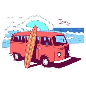 A red van is parked on the sandy beach, with surfboards leaning against its side. The surfboards are striped in colors of yellow and white. In the background, large waves are crashing onto the shore, sending foamy water into the air. The sun is shining brightly, casting shadows of the van and surfboards onto the sand. Seagulls can be seen flying above the waves, adding to the beach atmosphere.
