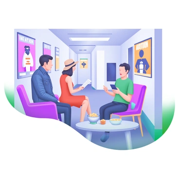 A modern pastel illustration depicting a group of actors waiting in a hallway for their turn at a casting call. Each actor exhibits a unique style: one is wearing a casual denim jacket, another sports a bright red dress, while a third has a stylish hat. The hallway is lined with soft, muted colors, featuring subtle lighting that enhances the calm atmosphere. There are audition posters on the walls showcasing different upcoming productions. A vintage chair sits against the wall, and a small table holds a bowl of snacks and a water bottle. The actors are engaged in quiet conversation, with one checking a script and another scrolling on a phone.