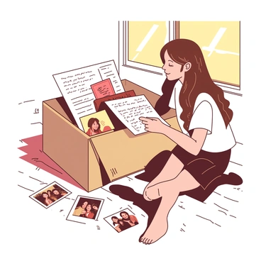 A person looking through a box of cherished memories, such as letters and photographs.