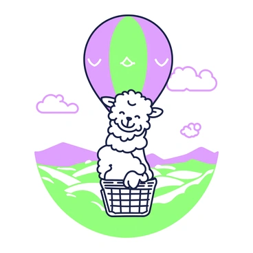 A joyful llama with a fluffy coat is peeking out from a basket of a hot air balloon. The hot air balloon is brightly patterned and floats high above a vast landscape. Below, rolling hills and a patchwork of fields can be seen, stretching into the distance. The sky is clear with a few fluffy clouds, adding depth to the scene. The llama's expression is playful, with its ears perked up and a slight smile as it gazes at the world below. The basket is woven and secured to the balloon, enhancing the whimsical feel of the image.