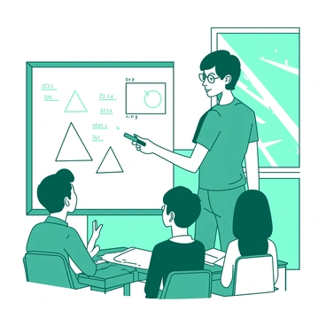 A teal teacher with short hair is standing in front of a whiteboard, drawing various geometric shapes such as triangles, circles, and squares using a black marker. The teacher is wearing glasses and a casual shirt, focused on the task. On the whiteboard, the shapes are clearly outlined, and there are some labeled dimensions next to each figure. A few students are seated at desks in the foreground, looking attentively at the teacher's demonstration. The classroom is bright, with natural light streaming in through a window.