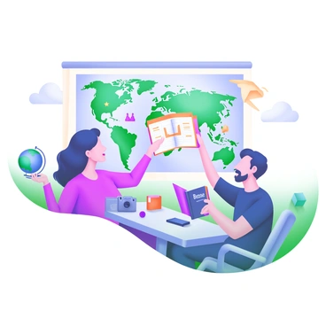 A modern pastel illustration depicting a couple sitting together at a table, surrounded by a large world map spread out before them. The map features various countries and colorful landmarks. The woman is holding a "Bajaj Allianz Life Insurance" guidebook open, while the man points to a destination on the map. Nearby, there are travel essentials such as a passport, a camera, and a globe. The couple is engaged in discussion, with excitement visible on their faces as they plan their adventure.