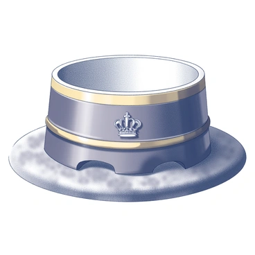 A dog bowl with a polished surface, featuring an ornate design along the rim. The bowl has a gold trim that highlights its elegant shape. On one side, there is a detailed “crown insignia,” symbolizing royalty. The bowl sits on a plush surface, suggesting a sense of luxury and comfort for the pet. The overall design conveys a sense of opulence and refinement.