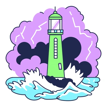 A lighthouse casting a beam of light over a turbulent sea during a storm