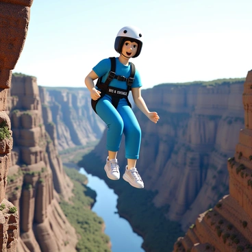 A person with short dark hair, wearing a bright blue jumpsuit and a safety helmet, is bungee jumping off a high cliff. The harness they are secured in is prominently labeled with the text "LIC Risk Coverage" in bold letters. Below the person, a vast canyon is visible, with rocky cliffs and a winding river below. The sky is clear and bright, providing a vivid backdrop to the thrilling scene. The person's expression shows excitement as they free-fall towards the canyon floor.