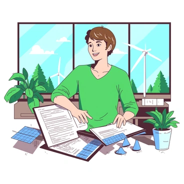An environmentalist with short brown hair is standing confidently in a bright office space filled with natural sunlight. The person is wearing a green shirt and is holding a clipboard filled with documents detailing a sustainable energy project. Behind the environmentalist, there are large windows revealing a view of trees and a clear blue sky. On the desk beside them, there are several models of solar panels and wind turbines. A potted green plant sits on the table, adding a touch of nature to the office environment.