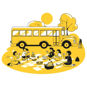 A group of students sitting on a large, checkered blanket spread out on the grass, enjoying their picnic lunch. The students are wearing casual clothes, each holding different food items like sandwiches, fruits, and juice boxes. Nearby, an electric school bus is parked, showcasing its modern design. The bus has large windows and is colored with a distinct yellow, standing out against the natural surroundings. In the background, trees and a bright sky add to the outdoor atmosphere of the field trip. Some students are laughing and talking, while others are reaching for food from a picnic basket.