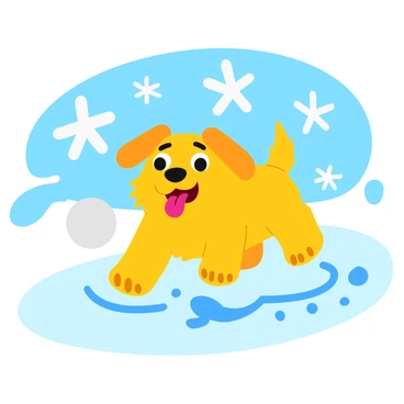 A playful dog with a fluffy golden coat is joyfully chasing after a white snowball that has just been thrown. The dog has its ears perked up and its tongue hanging out, displaying excitement. The scene is set on a smooth ice rink with a shiny, reflective surface. In the background, there are snowflakes gently falling from a clear blue sky. The dog's paws are leaving small scratches on the ice as it runs, creating a fun and dynamic atmosphere.