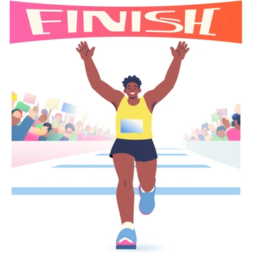A runner with dark skin and short curly hair is crossing the finish line of a marathon with arms raised in triumph. They are wearing a bright yellow tank top and black running shorts. The finish line banner is overhead, displaying the words "FINISH" in bold letters. In the background, a cheering crowd is visible, with spectators holding colorful signs. The runner's face expresses joy and determination, capturing the moment of victory.