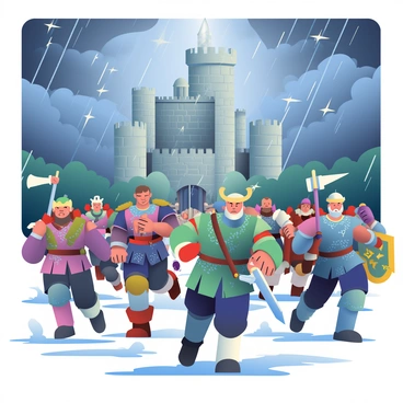 A group of diverse fantasy warriors is advancing towards a large stone castle. The army includes elves with intricate armor, dwarves wielding heavy axes, and humans carrying banners. Each warrior displays unique weapons such as swords, spears, and magic staffs. The sky is filled with dark, swirling clouds, and flashes of lightning illuminate the scene. Rain falls heavily, creating puddles on the ground as the soldiers charge forward with determination. The castle looms ahead, its tall towers and battlements partially obscured by the storm.
