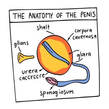 An educational chart depicting the anatomy of the penis. The chart features a detailed illustration of the penis, clearly showing various parts such as the "shaft", "glans", "urethra", "corpora cavernosa", and "corpus spongiosum". Each part is labeled in a clear, legible font for easy identification. The background is a soft color, enhancing the visibility of the anatomical features and labels.