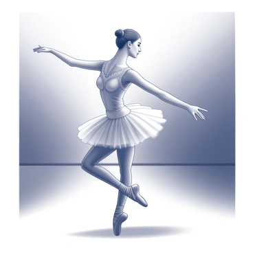 A ballerina in a delicate tutu is performing on stage. She is poised in an elegant pose, one leg lifted gracefully behind her. Her arms are outstretched, capturing the essence of the dance as she moves fluidly. Her face is turned towards the dim lights, expressing concentration and artistry. The stage is minimally decorated, focusing attention on the dancer's form and movements. The shadows cast by the lighting create depth and highlight the intricate details of her costume. The atmosphere reflects a sense of performance, with the ballerina embodying the art of dance.