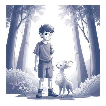 A young hero stands confidently with a determined expression, dressed in a simple yet functional outfit suitable for forest exploration. Beside the hero is a mystical spirit, appearing ethereal with a gentle glow surrounding its form. The spirit has delicate, flowing features and a serene demeanor, embodying the essence of nature. The backdrop consists of towering trees with thick trunks, their leaves forming a dense canopy above. Sunlight filters through the foliage, casting intricate patterns of light and shadow on the forest floor. Various plants and flowers surround the duo, adding to the lushness of the scene.