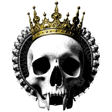 A regal-looking cat skull is placed prominently in the center of the image. The skull is detailed, showcasing distinct features such as the eye sockets and teeth. It is adorned with an ornate golden crown, which rests securely on top of the skull. Surrounding the skull is a backdrop that conveys a sense of royalty, featuring intricate patterns and textures that suggest luxury and elegance. The contrast between the skull and the backdrop enhances the striking appearance of the crown.