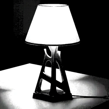 A mid-century lamp with an atomic design stands on a sleek, dark surface. The lamp has an intricate, sculptural shape with geometric elements and elongated forms. Its base is sturdy and angular, supporting a rounded lampshade that is slightly off-white. The lamp is casting a soft glow in the surrounding area, creating gentle shadows and highlighting the contours of the lamp's design. The light source appears warm and inviting, enhancing the texture of the lamp's surface and the details of its atomic-inspired features.