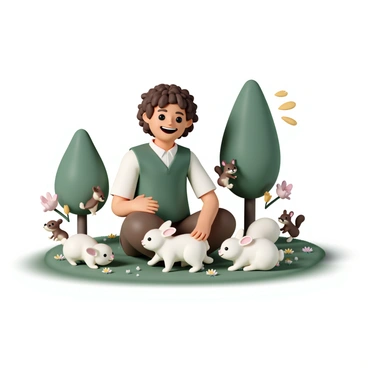 A friendly hobbit, with curly brown hair and wearing a green vest over a white shirt, is sitting on the grass in a sunny glade. Surrounding him are several adorable animals, including fluffy white rabbits hopping around and small brown squirrels playfully climbing nearby trees. The hobbit is smiling and extending his hand towards a rabbit, while another rabbit is nuzzling against his leg. The squirrels are chattering and frolicking, adding a lively atmosphere to the scene. The glade is surrounded by lush green trees and colorful wildflowers.