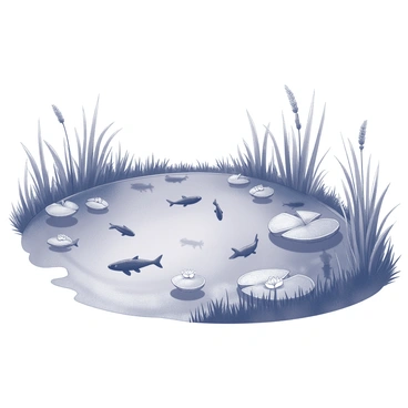 A freshwater pond with a calm, reflective surface. The pond is surrounded by lush greenery, with tall grasses and reeds framing the edges. Various species of fish are swimming beneath the surface, their outlines visible. Several large lily pads are floating on the water, some with delicate white flowers resting atop them. The scene conveys a sense of tranquility, with the natural elements harmoniously interacting.