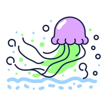 A jellyfish is gliding through the water, its body undulating gracefully. The jellyfish has long, flowing tentacles that trail behind it in a rhythmic motion. Its bell-shaped top changes shape as it moves, expanding and contracting fluidly. Surrounding the jellyfish, small bubbles are rising to the surface, adding to the sense of movement in the water. The background features subtle waves and ripples, creating a dynamic underwater environment.
